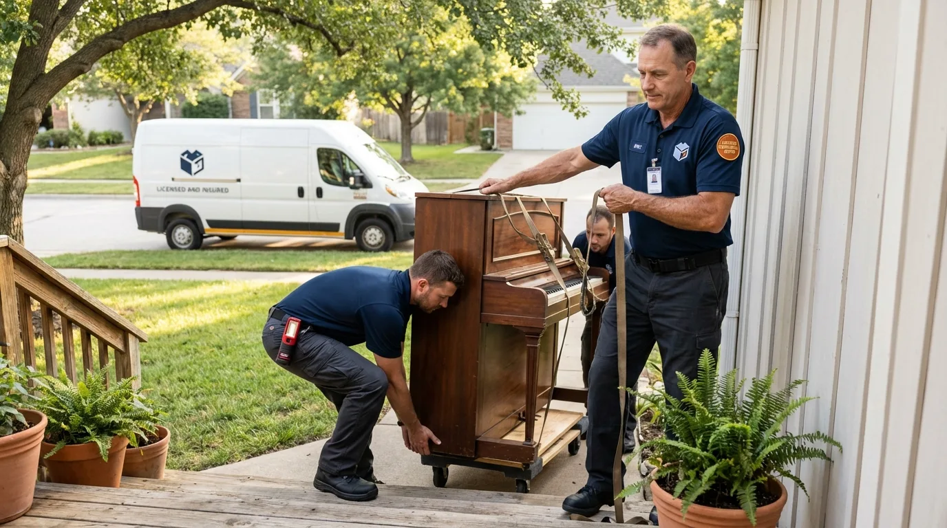 Licensed piano movers securing grand piano in Delaware City, DE