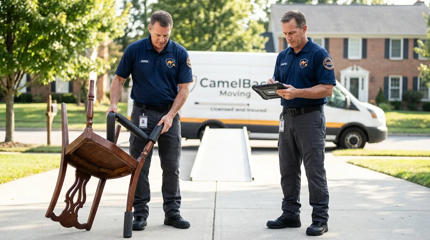 Movers inspecting furniture for damage prevention before loading in Delaware City, DE